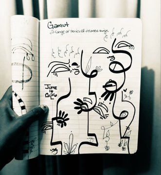 An open sketchbook showing hand-drawn doodles and the handwritten text 'Ganut' and 'June 14 Cape' in black ink.