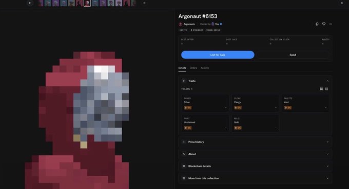 NFT trading interface displaying 'Argonaut #6153' with a pixel art image of a figure in a red hood and mask, along with traits and price history.