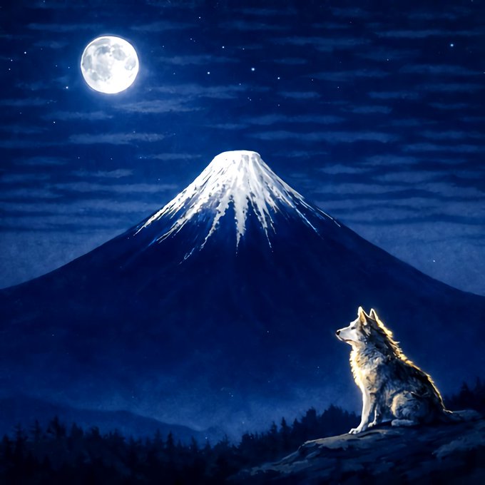 A nighttime watercolor painting of a wolf howling on a rocky cliff, with a snow-capped Mount Fuji and a full moon in the starry sky background.