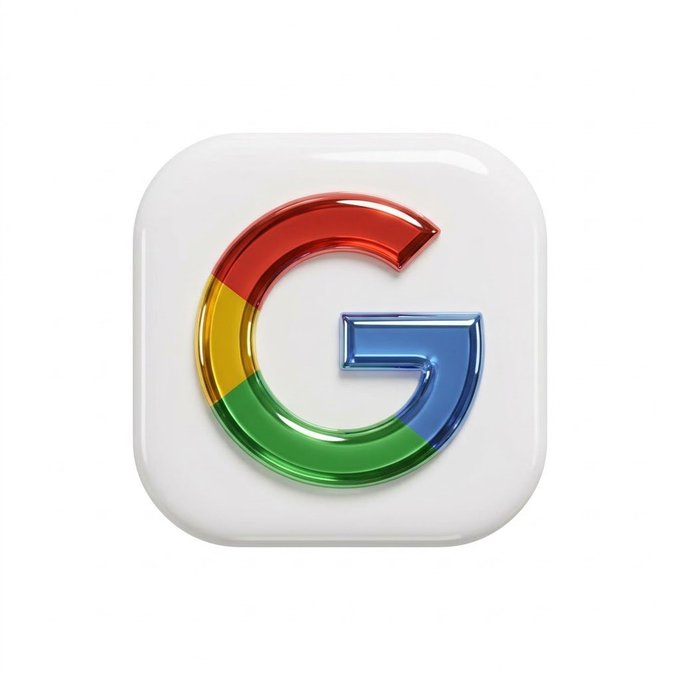 Glossy 3D-rendered Google 'G' app icon with red, yellow, green, and blue segments on a white rounded square background.