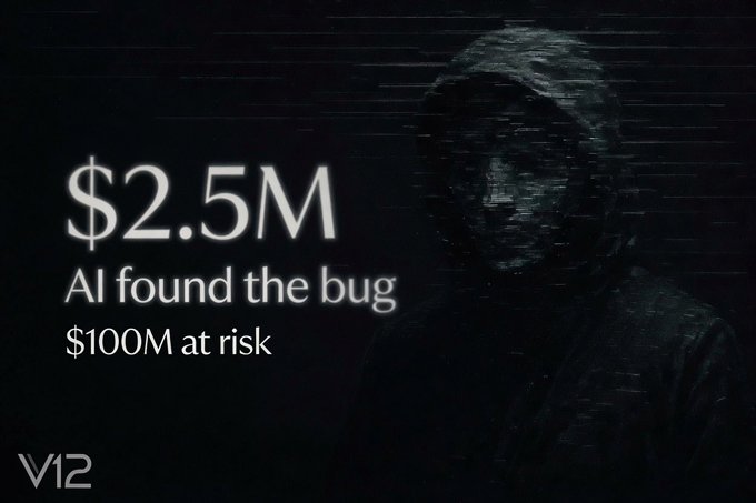 A dark, glitchy digital image featuring a hooded figure overlaid with a scanline effect, alongside text reading "$2.5M AI found the bug $100M at risk," visually reinforcing the post's claim of an AI agent autonomously discovering a critical vulnerability to claim a record-breaking $2.5 million bug bounty.