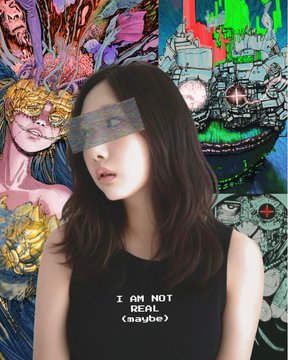 A portrait of a woman wearing a patterned blindfold over her eyes and a black top reading 'I AM NOT REAL (maybe)', set against a colorful comic book collage background.