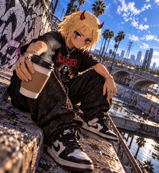 An anime-style illustration of a blonde character with small red horns wearing a 'SLASHER' shirt, sitting on a ledge holding a steaming coffee cup, with a city and palm trees in the background.