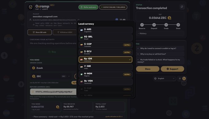 The image shows a screenshot of the Oxramp platform's interface, featuring a transaction completion notification for "0.03646 ZEC" and a local currency selection dropdown menu displaying options including ARS (Argentine peso), BRL (Brazilian real), COP (Colombian peso), ECU (Ecuadorian dollar), IDR (Indonesian rupiah), INR (Indian rupee), NGN (Nigerian naira), VEN (Venezuelan bolívar), and CUP (Cuban peso), all marked with "ALPHA" tags. This visual directly supports the post's announcement that Noir is live on Oxramp, showcasing the platform's support for ZEC on- and off-ramping services across multiple countries where privacy-focused digital currency access is available for the digital nomad community.
