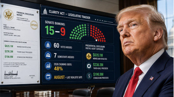 In this bipartisan bill called the CLARITY Act, false financial disclosure reports (FDRs) regarding concealed assets will be a jailable offense. Funds will be retrieved from hidden accounts for Treasury and sent to the owners of exposed assets. With Senators proposing to accept or reject proposals related to the CLARITY Act, Donald Trump is depicted learning the proposal's progress and criticizing it through poor facial expressions and sarcastic comments.