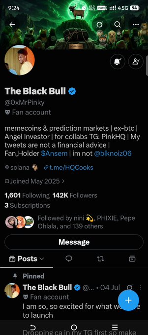 A Twitter/X profile page for 'The Black Bull' (@xMrPinky), a verified fan account about memecoins and prediction markets, with 142K followers.