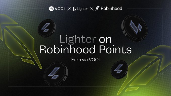 A promotional graphic featuring the VOOI, Lighter, and Robinhood logos at the top, with the headline "Lighter on Robinhood Points - Earn via VOOI" displayed alongside stylized "L" token icons in a dark green and black design, advertising the arbitrage desk collaboration mentioned in the post.