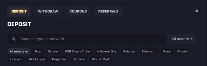 A dark-themed deposit interface from a crypto platform featuring tabs for Deposit, Withdraw, Coupons, and Referrals, along with a search bar and network filters including Tron, Solana, BNB Smart Chain, Arbitrum One, Polygon, Ethereum, and Base.
