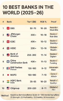 The image displays a ranked list of "10 BEST BANKS IN THE WORLD (2025-26)," highlighting institutions like DBS ($0–70B tier, 16–20% ROE), JPMorgan Chase ($300B+, 15–18%), ICBC ($400B+, 10–12%), HSBC ($200B+, 12–16%), Bank of America ($250–300B, 11–14%), China Construction Bank ($300B+, 11–13%), BNP Paribas ($130–160B, 9–12%), MUFG ($150–180B, 7–10%), HDFC Bank India ($35–55B, 16–20%), and Citigroup ($200–220B, 8–11%), with strengths ranging from America's Most Elite to Global+ IPO. The accompanying post highlights that Ripple (XRP) is partnered with 4 of these top 10 banks, connecting this elite banking roster to the XRP Ledger's expanding role in