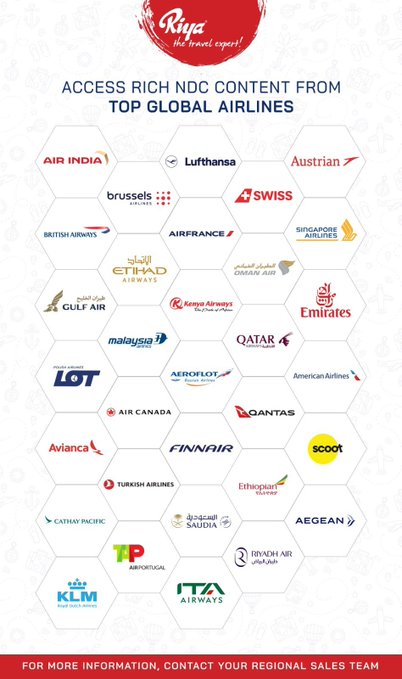 A promotional graphic for 'Riya - The Travel Expert' displaying logos of various global airlines in a hexagonal pattern on a white background.