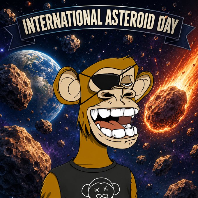 An illustrated monkey wearing an eye patch grins mischievously against a backdrop of asteroids and Earth, with a banner reading 'INTERNATIONAL ASTEROID DAY'.