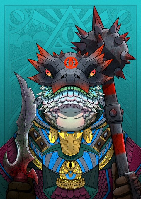 A detailed fantasy illustration of an armored warrior with a spiked helmet revealing a wide, toothy maw, holding a bloodied mace, set against a teal background with geometric symbols.