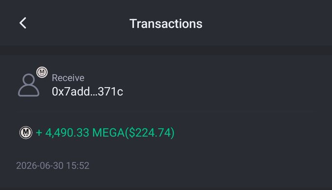 The image shows a transaction confirmation of receiving 4,490.33 MEGA (equivalent to $224.74) from address 0x7add...371c on June 30, 2026, illustrating a recent crypto "salary" payout that aligns with the post about a MEGA token distribution.