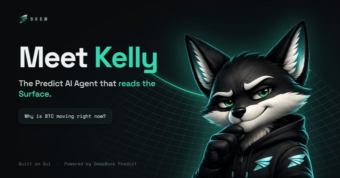 A stylized promotional image for 'Kelly, The Predict AI Agent that reads the Surface,' featuring an anthropomorphic fox character with the prompt 'Why is BTC moving right now?' displayed.