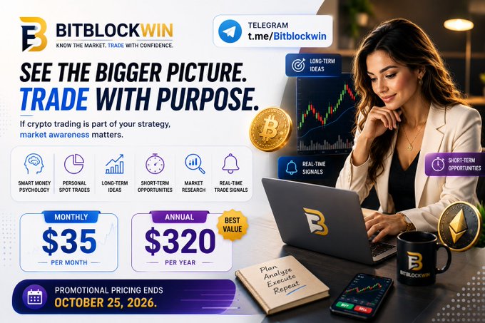 A promotional graphic for BitBlockWin's crypto trading Telegram service (t.me/bitblockwin), featuring a woman using a laptop alongside Bitcoin and Ethereum imagery, with tagline "See the bigger picture. Trade with purpose" and pricing of $35/month or $320/year, with promotional pricing ending October 25, 2026.

The image directly illustrates the post's content by visually listing the six services mentioned (smart money psychology, personal spot trades, long-term ideas, short-term opportunities, market research, and real-time trade signals) as icons, while showcasing the current promotional subscription pricing.