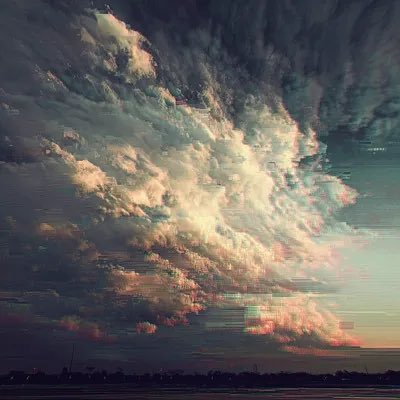 A dramatic cloudy sky with pink and white cloud formations tinged with sunset colors, showing visible glitch-like horizontal lines over a dark landscape at the bottom.