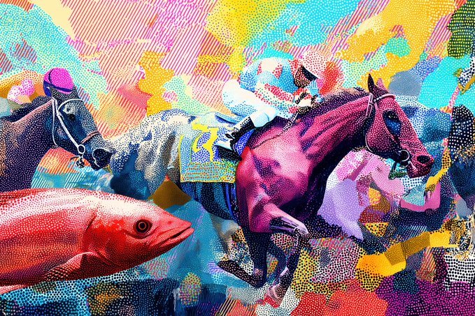 A vibrant, pop-art style image featuring a large red fish alongside jockeys racing on colorful horses against a halftone-patterned background.