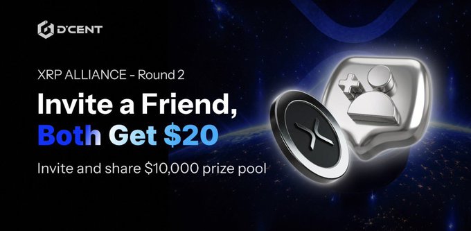 In the image, there's a blue background with an advertisement featuring a silver coin labeled "XRP". Below the coin, there are two more coins displayed - one black and one gold. The text at the bottom of the image reads "Invite a friend, both get $20.00 prize pool."