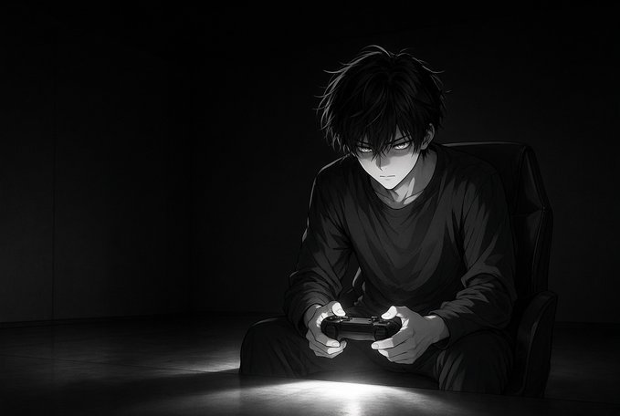 A black-and-white anime-style illustration of a young man with dark hair holding a game controller in a dimly lit room.