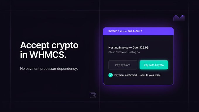 A dark promotional graphic reading 'Accept crypto in WHMCS' with 'No payment processor dependency,' showing an invoice interface with 'Pay by Card' and 'Pay with Crypto' buttons for a $29.99 hosting invoice.