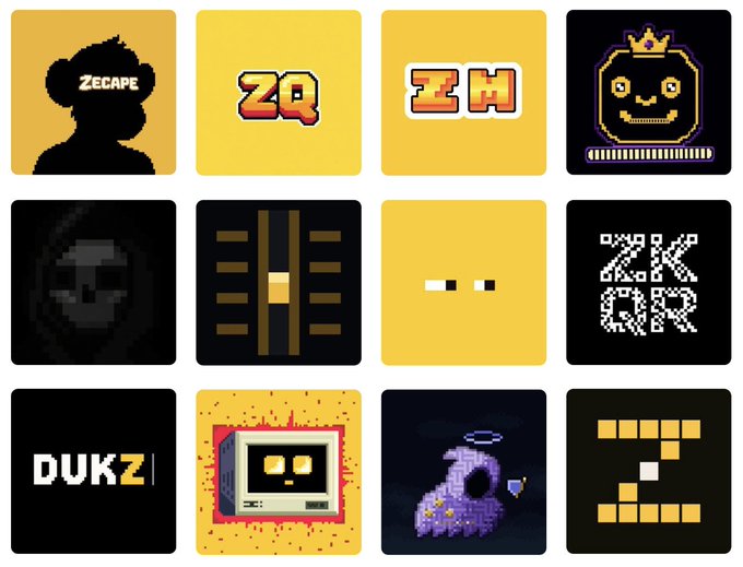 A grid of 12 pixel art icons in yellow and black color schemes, featuring various designs including text logos like 'ZECAPE', 'ZQ', 'IH', 'DUKZI', '2K GR', characters, faces, and abstract designs.
