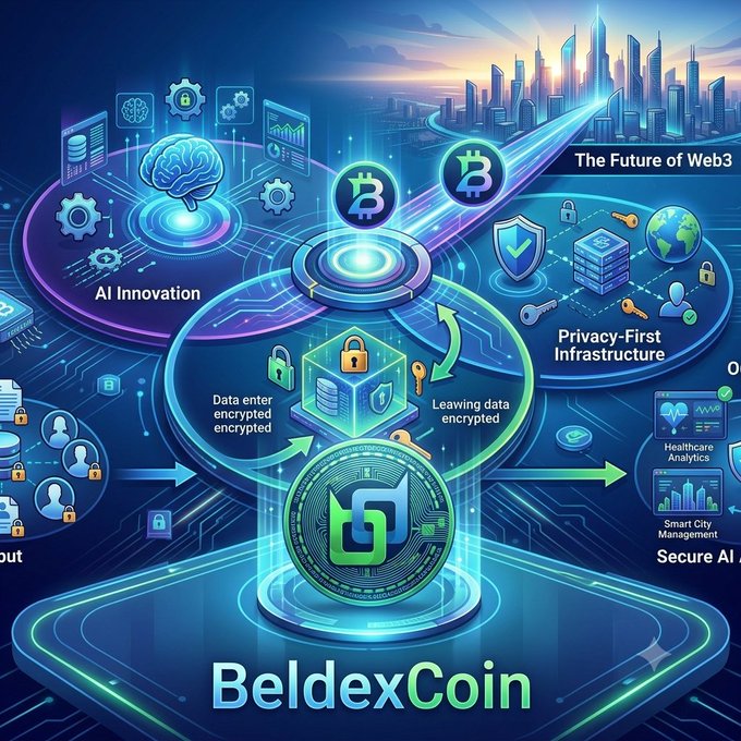 A digital promotional graphic for 'BeldexCoin' featuring logos for Bitcoin and various technology icons representing AI Innovation, Privacy-First Infrastructure, and Web3.