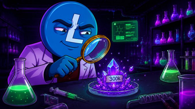 In this digital illustration, there's a blue character dressed in a white coat with a big smile, holding a magnifying glass over a small crystal on a table. The crystal appears to be glowing. In the background of the scene, various laboratory equipment can be seen, suggesting that this is likely part of an experiment or research project.