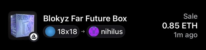 The "Blokyz Far Future Box" is on sale at 0.85 ETH, featuring an 18x18 grid that transforms into a "nihilus" token. The image highlights a recent high-value sale of this limited collection, which only contains 100 boxes total, making it a rare find among the broader portfolio.