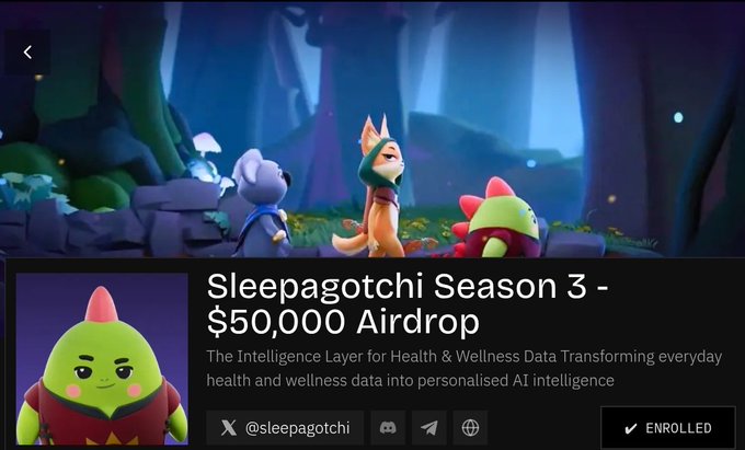 A promotional image for 'Sleepagotchi Season 3 - $50,000 Airdrop' featuring cartoon animal characters and text about 'The Intelligence Layer for Health & Wellness Data' with social handles @sleepagotchi.