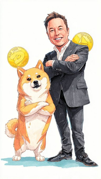 A cartoon-style illustration of Elon Musk in a suit standing next to a smiling Shiba Inu dog, both with arms crossed, with gold Bitcoin-style coins floating in the background.