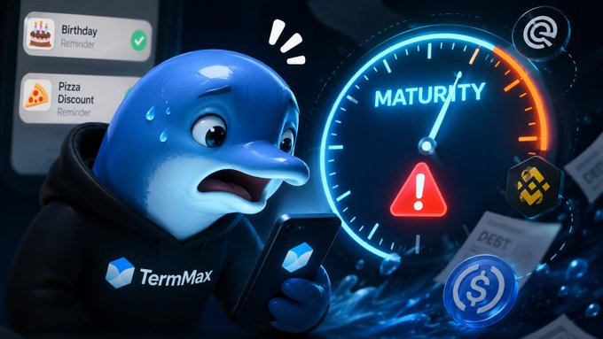 A distressed cartoon dolphin wearing a "TermMax" hoodie anxiously checks a smartphone, surrounded by birthday and pizza discount reminder notifications, a glowing "MATURITY" gauge with a red warning triangle, and falling "DEBT" papers, visually illustrating the post's message about neglecting debt maturity deadlines despite setting reminders for trivial matters.