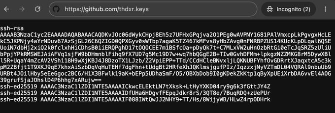 A screenshot of a GitHub page (github.com/thdxr.keys) displaying a list of SSH public keys belonging to user "thdxr," including ssh-rsa and ed25519 entries, illustrating the humorous concept of discovering exposed public SSH keys online.
