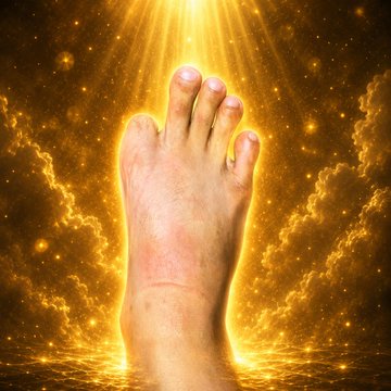 A giant human foot emerges from golden clouds, bathed in radiant light from above. The image visually represents the $TOES token launched on Robinhood, with the surreal foot symbolizing the cryptocurrency's playful branding.