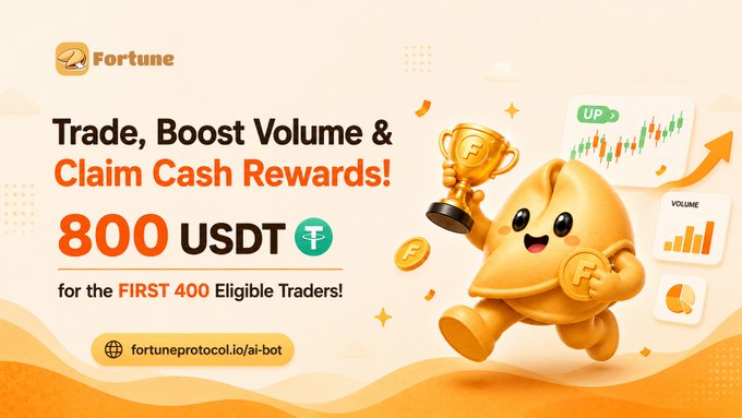 The image is a promotional banner for Fortune's "AI-Bot" trading competition, featuring a cheerful gold mascot character holding a trophy alongside candlestick charts and rising volume bars. It advertises "Trade, Boost Volume & Claim Cash Rewards!" with 800 USDT prize pool for the first 400 eligible traders, linking to fortuneprotocol.io/ai-bot.