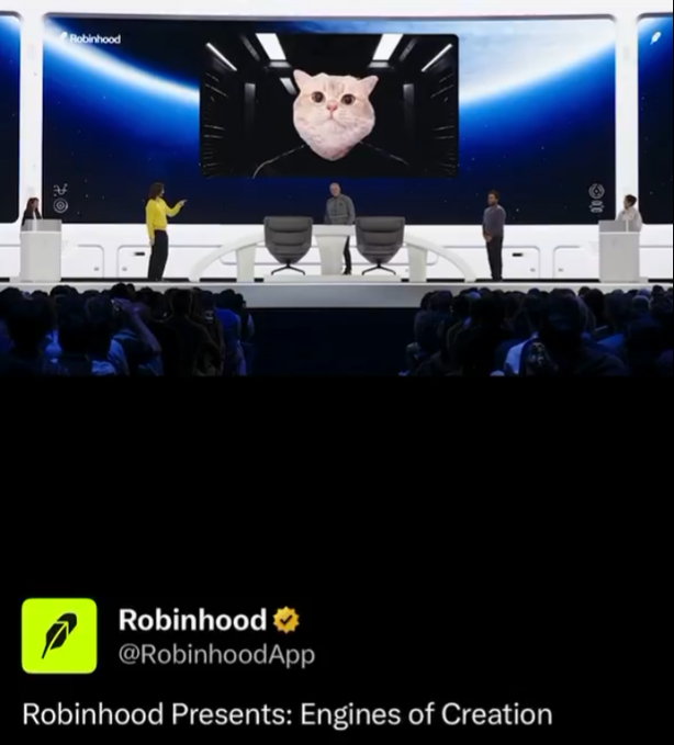 A promotional image for 'Robinhood Presents: Engines of Creation' showing a presentation stage with a large screen displaying a cat-headed figure in a spacesuit.