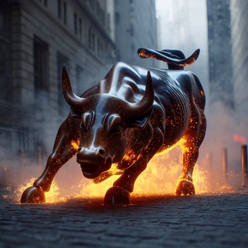 A dramatic image of a metallic bull statue glowing with internal fire and sparks in an urban street setting.