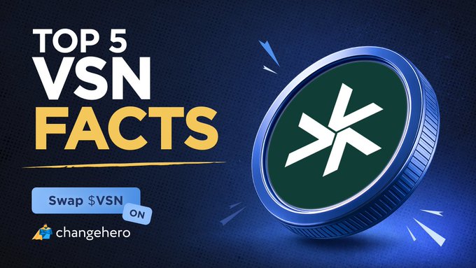 A promotional graphic for a cryptocurrency, displaying a large blue and green coin with a star-like logo, accompanied by the text "TOP 5 VSN FACTS" and a "changehero" logo to "Swap $VSN ON".