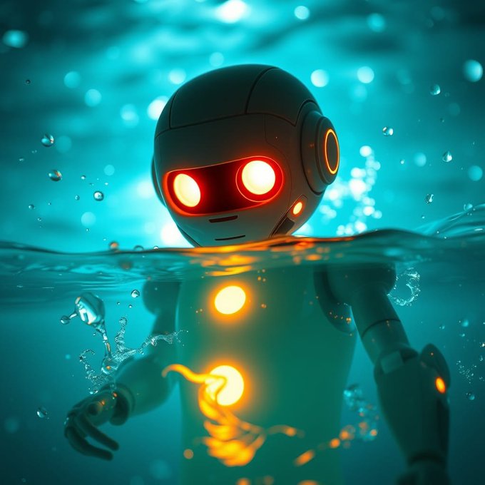 A sleek, futuristic robot with glowing orange eyes and illuminated chest panels is partially submerged in teal water, with bubbles rising around it and light filtering through the surface above.
