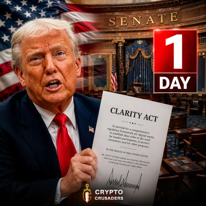 Donald Trump holds up a document labeled "Clarity Act" in front of the US Senate chamber with "1 DAY" displayed, alluding to an upcoming vote related to cryptocurrency regulation. The image is from "Crypto Crusaders" and connects to the post about the "Crypto Clarity Act."