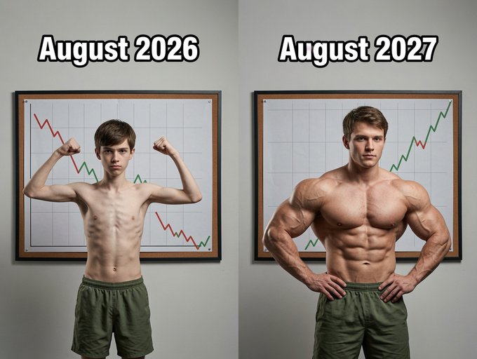 A motivational before-and-after fitness graphic comparing 'August 2026' showing a thin teenager in front of a downward-trending stock chart, to 'August 2027' showing a muscular adult man in front of an upward-trending stock chart.