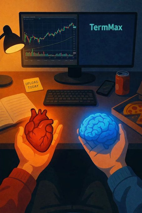 An illustration of a desk with a monitor displaying the 'TermMax' logo and a trading chart, alongside a keyboard, notebook, and a 'UPLOAD TODAY' sticky note, while a pair of hands holds a glowing red heart and a glowing blue brain.