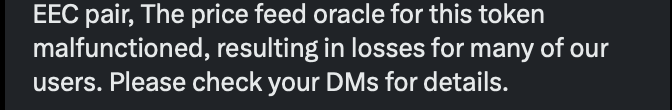 A screenshot of a message warning that "The price feed oracle for this token malfunctioned, resulting in losses for many of our users," referencing a trading platform called EEC pair.

The image illustrates the post's point about stock trading pairs where faulty price feeds cause excessive slippage and user losses, as highlighted by the mention of EEC pair.