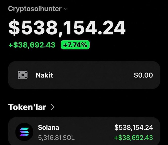 A crypto portfolio screenshot for "Cryptosolhunter" shows a total balance of $538,154.24, up +7.74%, with holdings primarily in Solana (5,316.81 SOL).