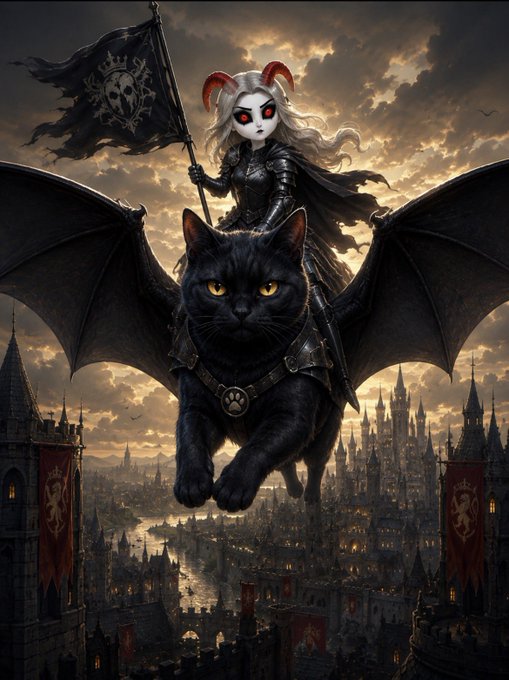 A fantasy digital painting of a pale, horned, red-eyed figure in dark armor riding a large black cat with bat-like wings, holding a skull flag above a medieval city at sunset.
