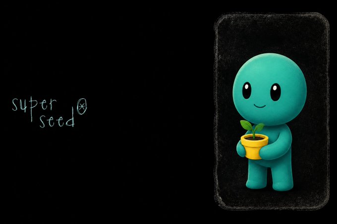 A glow-in-the-dark style figurine of a cute teal humanoid character holding a small potted seedling is displayed against a black background, with 'super seed' written to the left.