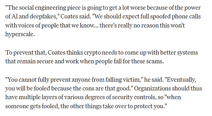 The image displays a text excerpt in which Coates, referencing deepfakes and AI, warns that social engineering attacks will "hyperscale" with full spoofed phone calls using voices of people we know, and emphasizes that crypto organizations need layered security systems because people cannot be fully prevented from falling victim to scams.