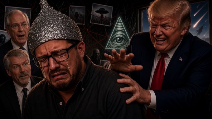 Donald Trump gleefully looms over a crying man in a tinfoil hat, with other men and conspiracy imagery in the background, relating to the post's theme of deception and distrust.