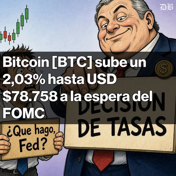 This political cartoon depicts a large figure holding a "DECISION DE TASAS" sign while a smaller man asks "¿Que hago, Fed?", overlaid with text stating Bitcoin [BTC] rose 2.03% to USD $78.758 in anticipation of the FOMC.