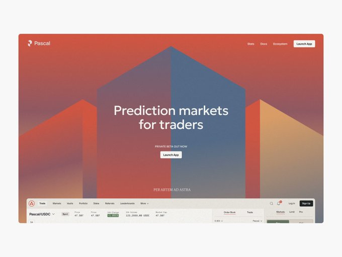 A website screenshot for 'Pascal' with the headline 'Prediction markets for traders' against a red and blue geometric background, showing a trading interface for Pascal/USDC at the bottom.