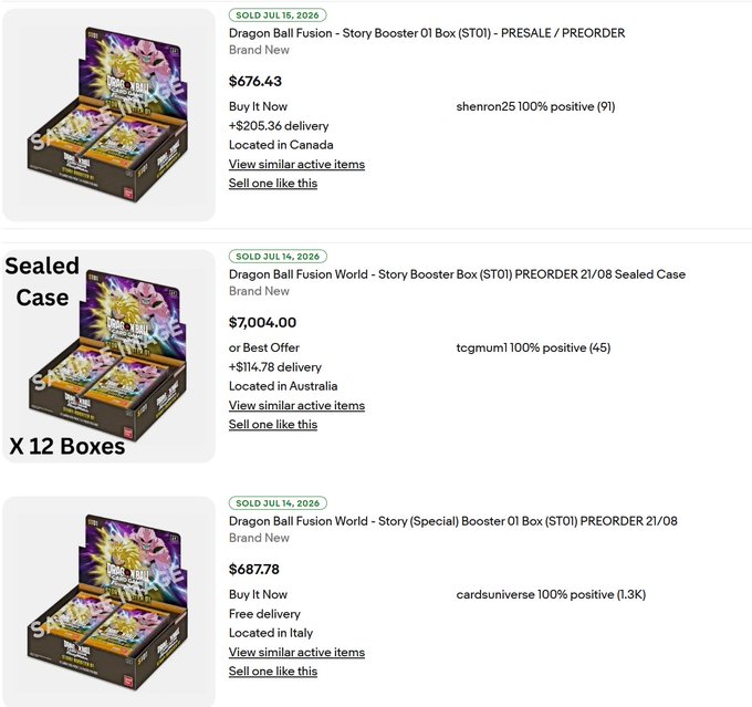 Screenshot of eBay listings for Dragon Ball Fusion trading card products, showing 'Story Booster 01 Box (ST01)' sold for $676.43 and a sealed case sold for $7,004.00.